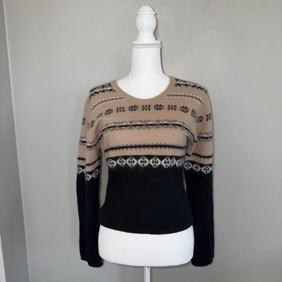 Vintage Reference Point Lambswool Angora Sweater Womans Sz L Fair Isle Tan Black - Picture 1 of 10